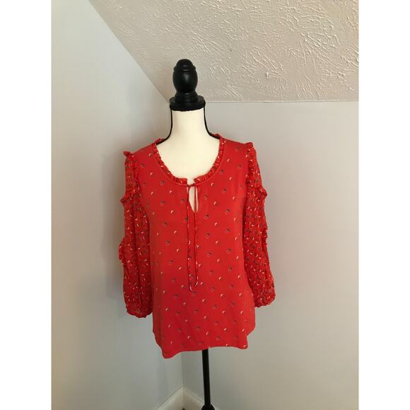 Anthropologie Maeve Women's Jacquin Red Peasant Tie Neck Ruffle Blouse - Medium - Picture 2 of 11